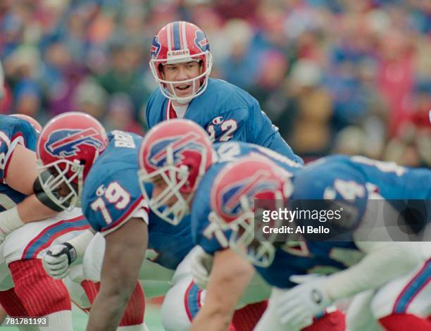 Jim Kelly, Quarterback for the Buffalo Bills calls an audible at the line of scrimmage during the American Football Conference Wild Card game against...