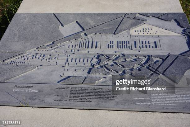 Relief map of the women's camp at the site of the former Bergen-Belsen German Nazi concentration camp in Lower Saxony, Germany, 2014. The site is now...