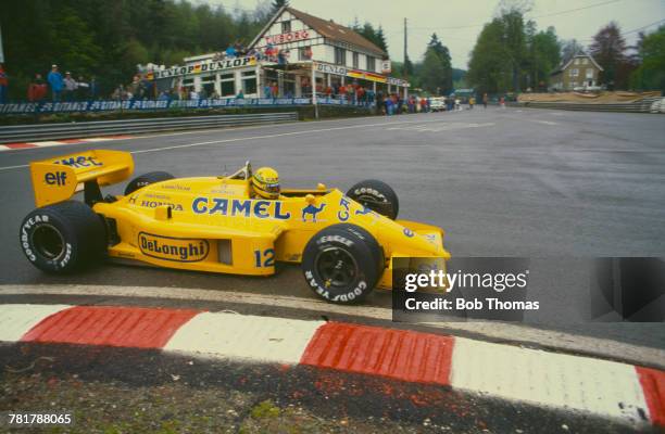 Brazilian racing driver Ayrton Senna drives the Camel Team Lotus Honda Lotus 99T Honda RA166E 1.5 V6t in the 1987 Belgian Grand Prix at Circuit de...