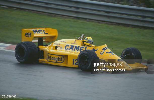 Brazilian racing driver Ayrton Senna drives the Camel Team Lotus Honda Lotus 99T Honda RA166E 1.5 V6t in the 1987 Belgian Grand Prix at Circuit de...