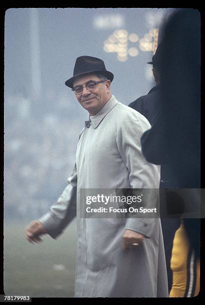 Coach Vince Lombardi of the Green Bay Packers watches play from the sideline during a circa 1960s NFL game at Lambeau Field in Green Bay, Wisconsin....