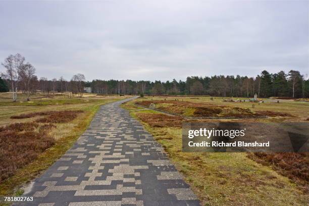 Raised mounds marking some of the thirteen mass graves at the site of the former Bergen-Belsen German Nazi concentration camp in Lower Saxony,...