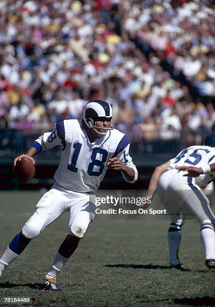 Quarterback Roman Gabriel of the Los Angeles rams is back to pass in a mid circa 1960's NFL football game. Gabriel played for the Rams from 1962-72.