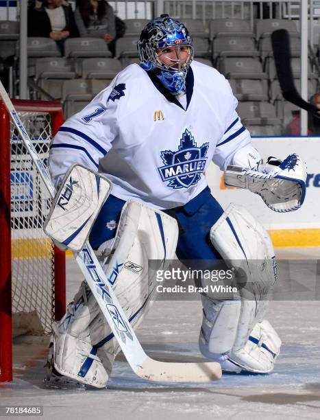 Justin Pogge of the Toronto Marlies defends the goal during game action against the Lake Erie Monsters November 30, 2007 at the Ricoh Coliseum in...