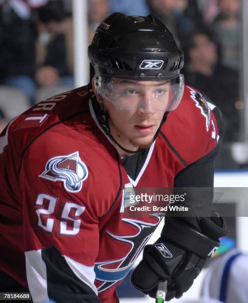 Chris Stewart of the Lake Erie Monsters looks on during a break in game action against the Toronto Marlies November 30, 2007 at the Ricoh Coliseum in...