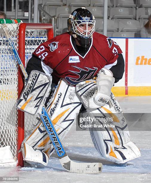 Jason Bacashihua of the Lake Erie Monsters defends the goal during game action against the Toronto Marlies November 30, 2007 at the Ricoh Coliseum in...