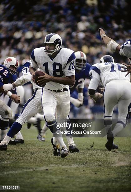 S: Quarterback Roman Gabriel of the Los Angeles Rams drops back to pass against the Buffalo Bills during an early circa 1970's NFL football game at...