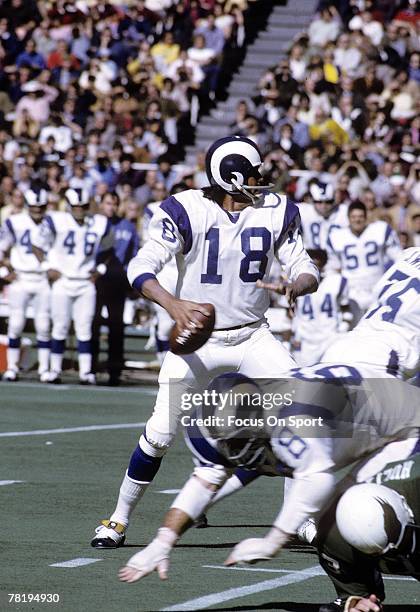 S: Quarterback Roman Gabriel of the Los Angeles Rams drops back to pass against the Philadelphia Eagles during a early circa 1970's NFL football game...