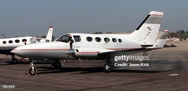 Cessna 414A plane is parked near the runway January 6, 2001 in Los Angeles. The model of airplane, made in the 1970's, is similar to the plane...