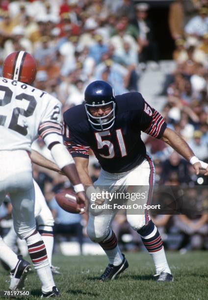 S: Dick Butkus of the Chicago Bears at middle linebacker in a circa early 1970's NFL football game against the Cleveland Browns at Soldier field in...