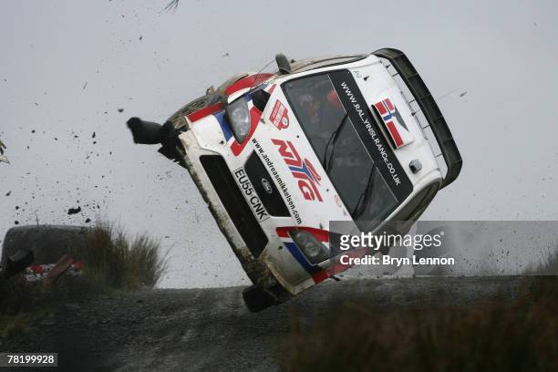 Andreas Mikkelsen of Norway and Ford crashes out on the Halfway stage of the 2007 FIA Wales Rally GB, on December 1, 2007 near Llandovery, Wales.