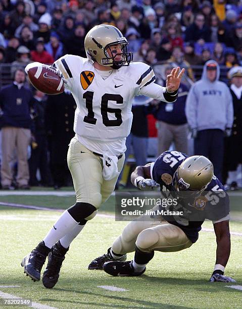 Carson Williams of the Army Black Knights throws a pass against the Navy Midshipmen during the 108th Army vs.Navy football game on December 1, 2007...
