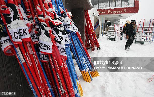 Ski race gates are stacked up at the start of the Bird of Prey race course, where the FIS Ski World Cup Men's Super-G race was to be held in Beaver...