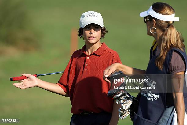 Thomas Lehman speaks with his mother Melissa Lehman on the 1st hole during the first round of the 2007 Del Webb Father Son Challenge on the...