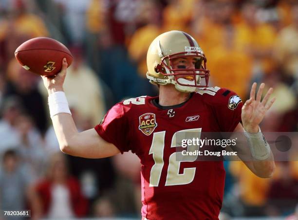 Quarterback Matt Ryan of the Boston College Eagles throws a pass late in the game against the Virginia Tech Hokies in the ACC Championship Game at...