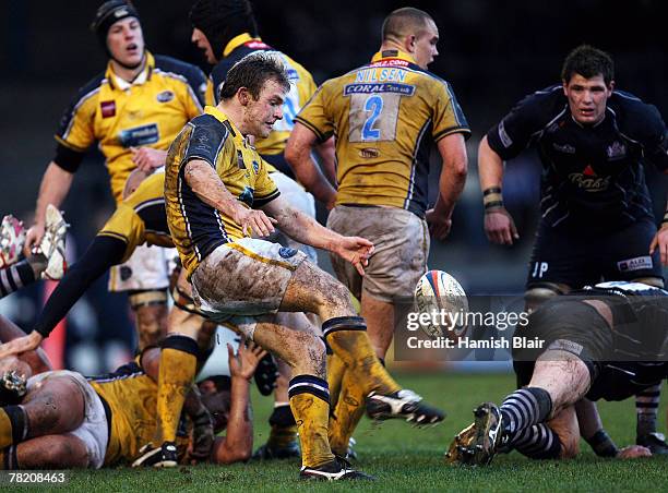 Joe Bedford of Leeds kicks during the EDF Energy Cup match between Bristol Rugby and Leeds Carnegie at the Memorial Stadium on December 2, 2007 in...