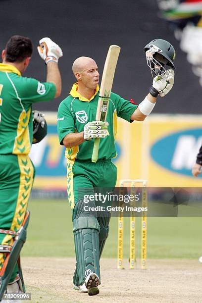 Herschell Gibbs celebrates his 100 during the third ODI match between South Africa and New Zealand held at Sahara Park Newlands on December 2, 2007...
