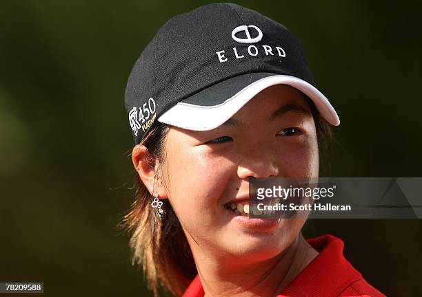 Shanshan Feng of China chats with the media after the final round of the 2007 LPGA Qualifying Tournament at LPGA International on December 2, 2007 in...