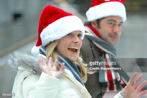 Actress Spencer Grammer waves from the ice rink at ABC Family's "25 Days Of Christmas" Winter Wonderland at The Rock Center Cafe on December 2, 2007...