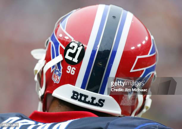 Sticker honoring the late Sean Taylor is seen on the helmet of Copeland Bryan of the Buffalo Bills during the game against the Washington Redskins on...