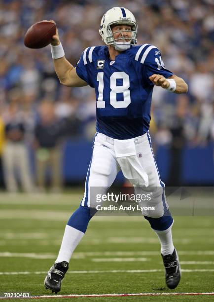 Peyton Manning of the Indianapolis Colts throws a pass during the NFL game against the Jacksonville Jaguars on December 2, 2007 at the RCA Dome in...
