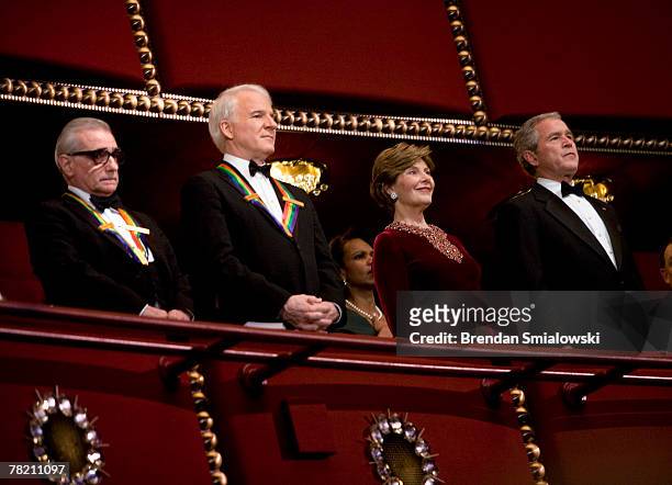 Director Martin Scorsese, actor Steve Martin, Secretary of State Condoleezza Rice, U.S. First Lady Laura Bush and President George W. Bush stand...
