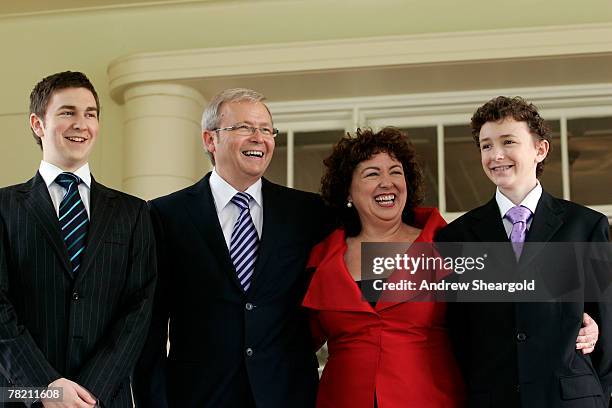 Prime Minister Kevin Rudd poses with his wife Therese Rein and sons Nicholas and Marcus at a swearing in ceremony at Government House on December 3,...