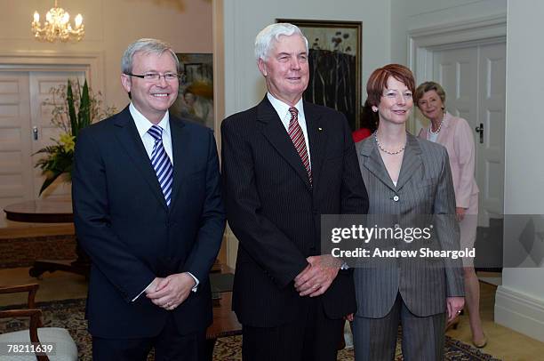 Prime Minister Kevin Rudd, Governor General Michael Jeffrey and Deputy Prime Minister Julia Gillard at a swearing in ceremony at Government House on...