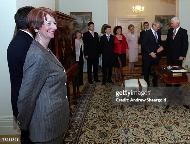 Deputy Prime Minister Julia Gillard smiles during a swearing in ceremony at Government House on December 3, 2007 in Canberra, Australia. Kevin Rudd...