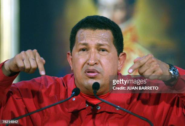 Venezuelan President Hugo Chavez speak at a press conference after hearing the result of a referendum, in Caracas 03 December 2007. Venezuela's...