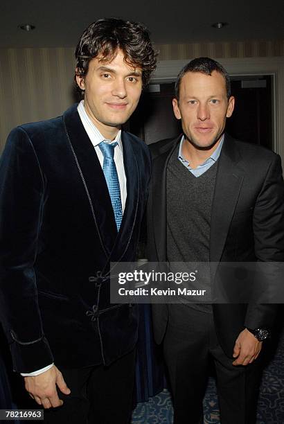 Singer John Mayer and retired American professional road racing cyclist Lance Armstrong attend "A Groovy Thing Happened on the Way to Cure...