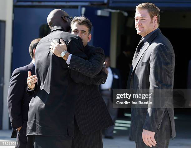 Former University of Miami and current New York Giant football player, Jeremy Shockey, and others arrive for the funeral of Redskins football player,...