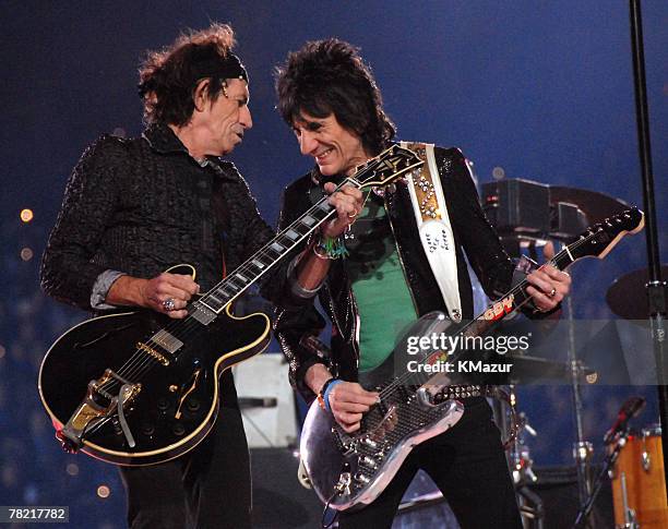 Keith Richards and Ron Wood of The Rolling Stones perform at halftime during Super Bowl XL between the Pittsburgh Steelers and Seattle Seahawks at...