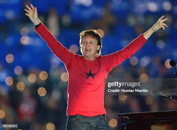 Paul McCartney performs during the Half Time Show of Super Bowl XXXIX at Alltel Stadium in Jacksonville, Florida on February 6, 2005.