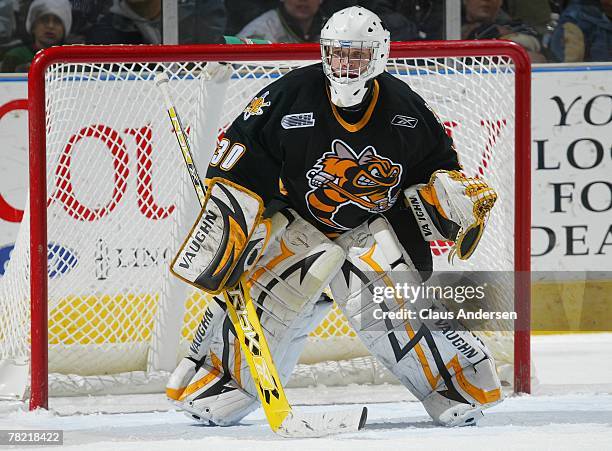 Tomi Karhunen of the Sarnia Sting gets set to face a shot in a game against the London Knights on November 30, 2007 at the John Labatt Centre in...