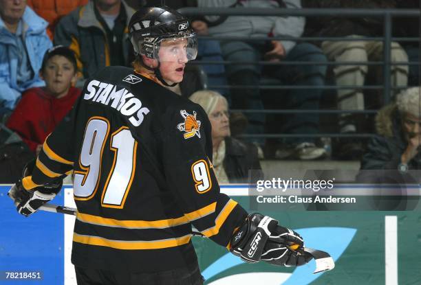 Steve Stamkos of the Sarnia Sting waits for a face-off in a game against the London Knights on November 30, 2007 at the John Labatt Centre in London,...