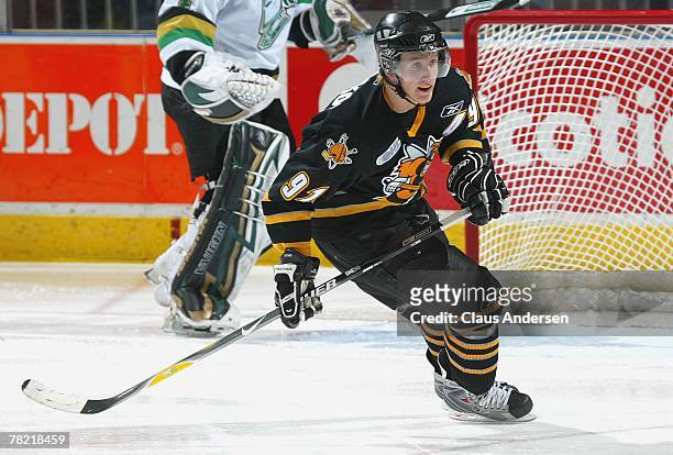 Steve Stamkos of the Sarnia Sting skates in a game against the London Knights on November 30, 2007 at the John Labatt Centre in London, Ontario. The...