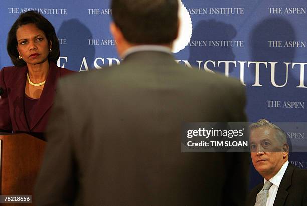 Secretary of State Condoleezza Rice listens to a question during on the US-Palestinian Public-Private Partnership program with Aspen Institute...
