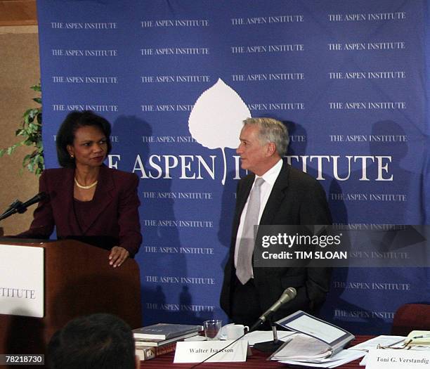 Secretary of State Condoleezza Rice speaks during the US-Palestinian Public-Private Partnership program with Aspen Institute President and CEO Walter...