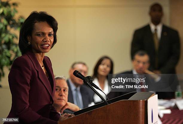 Secretary of State Condoleezza Rice makes remarks on the US-Palestinian Public-Private Partnership program while Aspen Institute President and CEO...