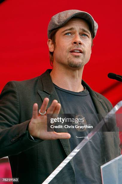 Actor Brad Pitt speaks during a press conference to unveil the site and design of his "Make It Right" program on December 3, 2007 in the Lower Ninth...