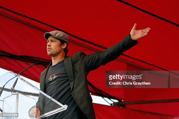 Actor Brad Pitt speaks during a press conference to unveil the site and design of his "Make It Right" program on December 3, 2007 in the Lower Ninth...