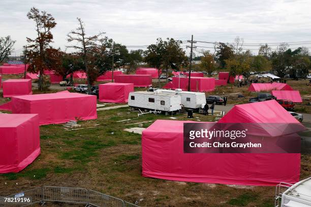 Pink structures resembling houses sit in the Lower Ninth ward as part of Actor Brad Pitt's "Make it Right" program on December 3, 2007 in the Lower...