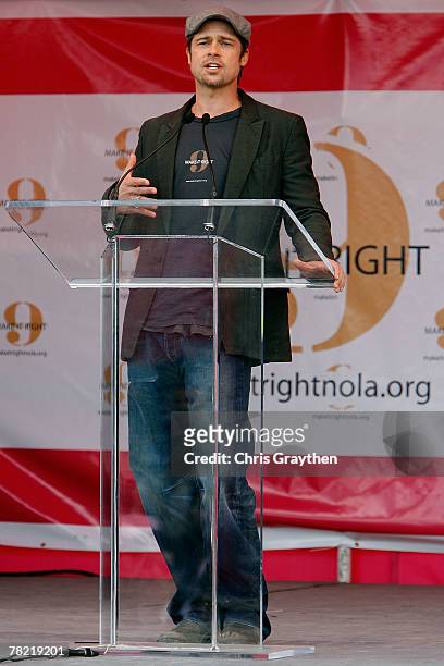 Actor Brad Pitt speaks during a press conference to unveil the site and design of his "Make It Right" program on December 3, 2007 in the Lower Ninth...