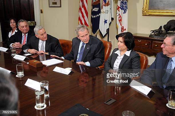 President George W. Bush speaks after participating in a meeting with U.S.-Palestinian Public-Private Partnership as Philanthropist Jean Case, former...
