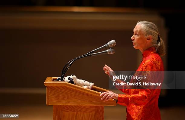Jane Goodall gives her National Geographic lecture at DAR Constitution Hall on April 11, 2002 in Washington, DC. Goodall's first lecture for National...