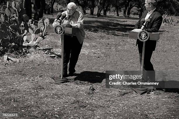 Israeli Prime Minister Ariel Sharon and US President George W. Bush hold a joint news conference at Bush's Central Texas ranch April 11, 2005 in...