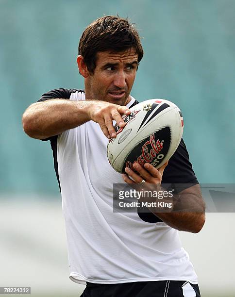 Andrew Johns passes the ball during a Parramatta Eels training session at Parramatta Stadium on December 4, 2007 in Sydney, Australia. Johns has...