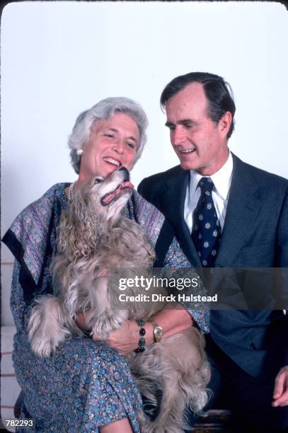 Republican Presidential candidate George Bush sits with his wife Barbara and his dog Fred November 1, 1978 in Hoston, TX. Bush is campaigning for the...