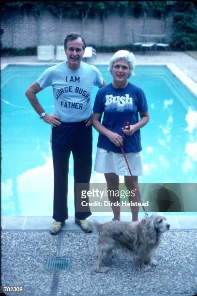 Republican Presidential candidate George Bush wearing a t-shirt referencing his son George W. Bush stands with his wife Barbara November 1978 in New...